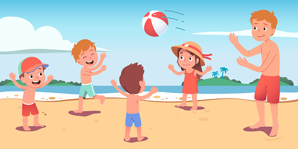 Boys, girl kids, father playing beach ball at summer seaside. Happy children and man players characters playing sports game together at sea shore beach. Holiday outdoor activity. Flat style vector isolated illustration